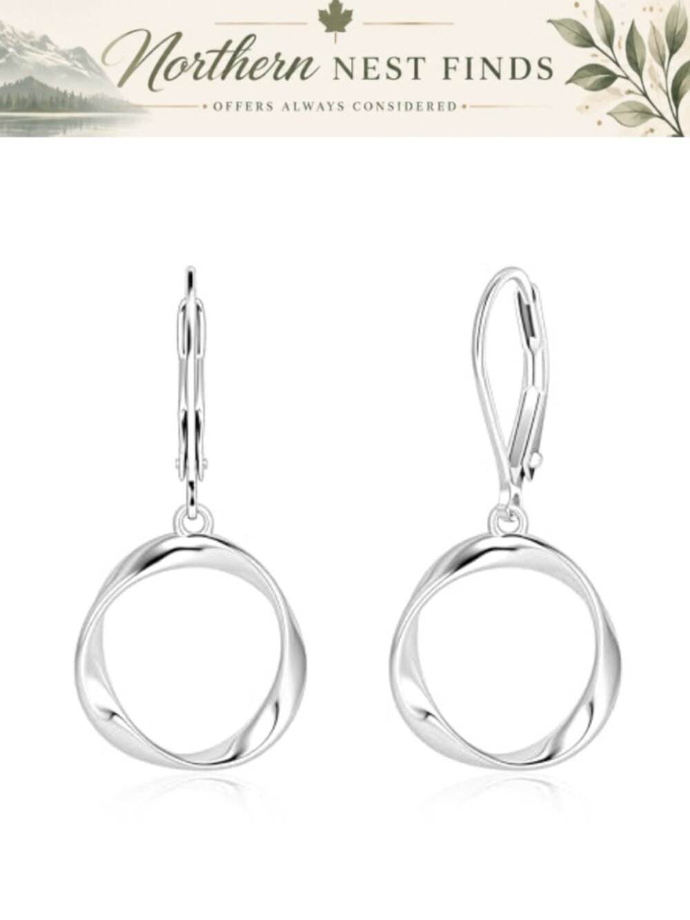 Silver Plated Brass Twist Circle Dangle Leverback Earrings